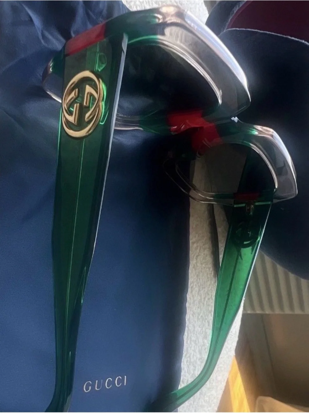 Gucci Green Transparent Sunglasses with Gold Logo Accents